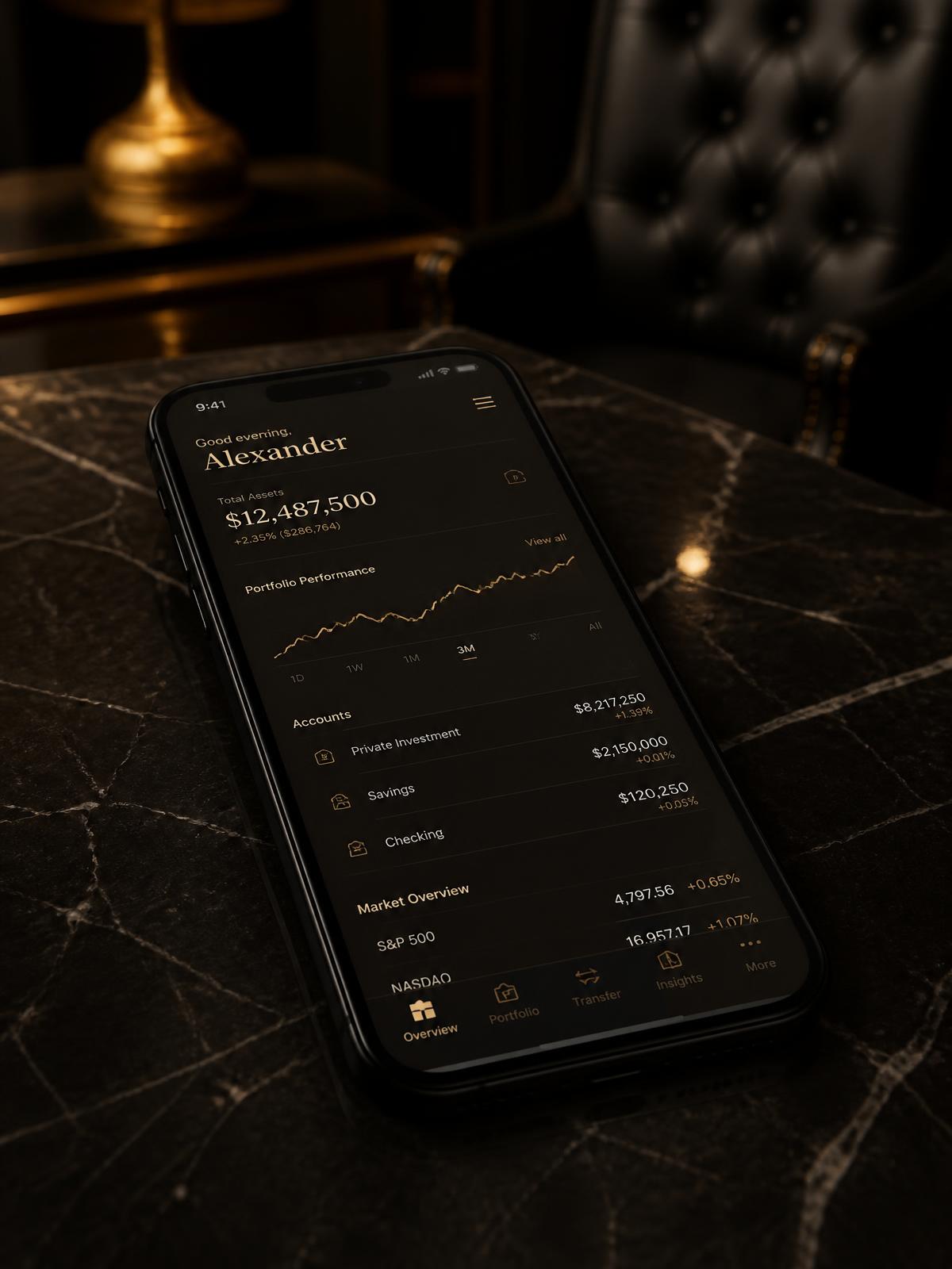 Dark luxury banking app UI displayed on a phone resting on black marble